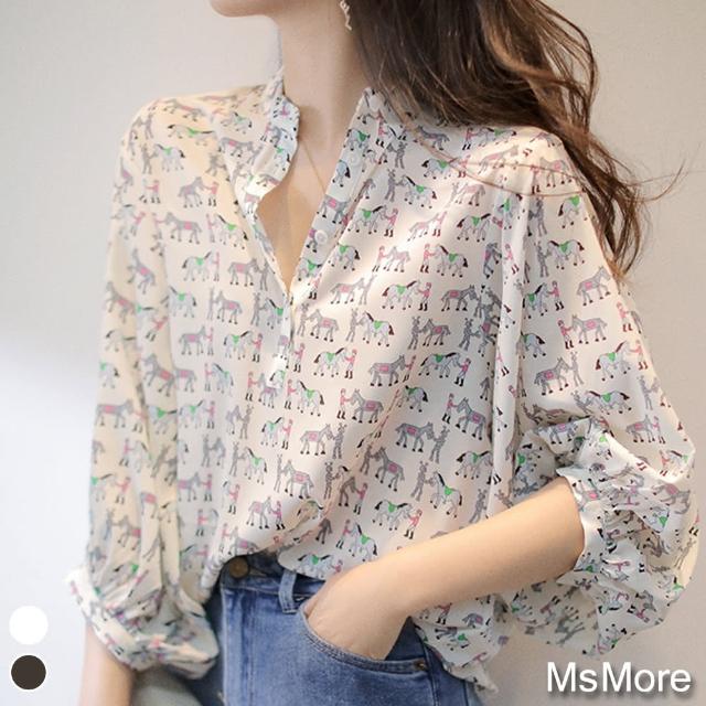 【MsMore】韓版氣質印花泡泡絲質寬鬆襯衫#109781現貨+預購(2色)