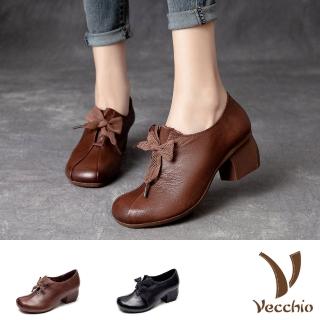 【Vecchio】真皮跟鞋 粗跟跟鞋/全真皮頭層牛皮寬楦優雅折線綁帶造型粗跟休閒鞋(2色任選)