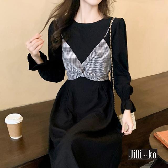 【JILLI-KO】買一送一 假兩件珍珠小馬甲拼接連衣裙-M/L(黑)