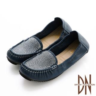 【DN】樂福鞋_真皮縫線水鑽點綴平底休閒鞋(藍)