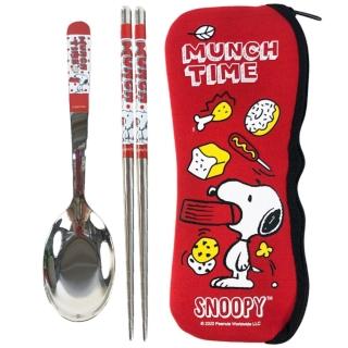 【小禮堂】SNOOPY 史努比 兩件式不鏽鋼匙筷組 附餐具袋 《紅食物款》(平輸品)