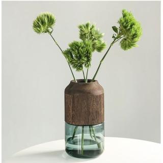 【JEN】北歐簡約手工原木墨綠玻璃花瓶花器桌面擺飾居家裝飾高24.5cm