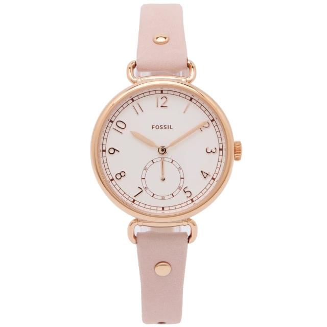 【FOSSIL】優雅小秒針盤款式皮革錶帶手錶-銀白面X粉色/34mm(ES4882)