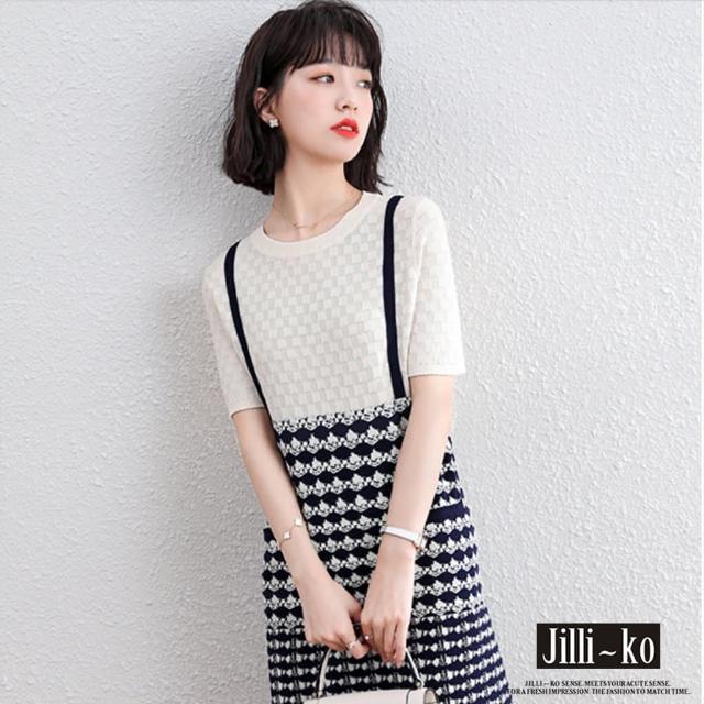 【JILLI-KO】買一送一 幾何排列色織針織連衣裙-F(白)