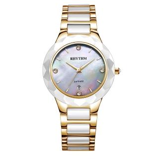 【RHYTHM 麗聲】時尚貝殼面鑲鑽日期顯示陶瓷腕錶(金/半陶瓷錶帶)
