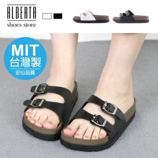 【Alberta】MIT台灣製 3cm涼鞋 休閒百搭側面雙飾釦 皮革厚底可調涼拖鞋
