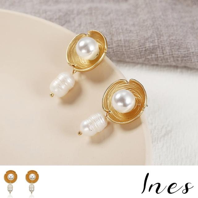 【INES】復古不規則珍珠吊墜造型耳環