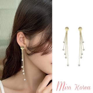 【MISS KOREA】韓國設計925銀針金屬拉絲流蘇珍珠墜飾造型長耳環