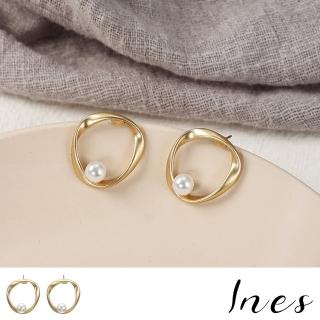 【INES】典雅復古幾何啞光金屬圈圈珍珠造型耳環