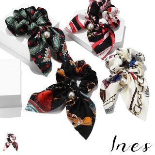 【INES】時尚印花絲帶蝴蝶結珍珠吊墜造型氣質髮繩(13款任選)