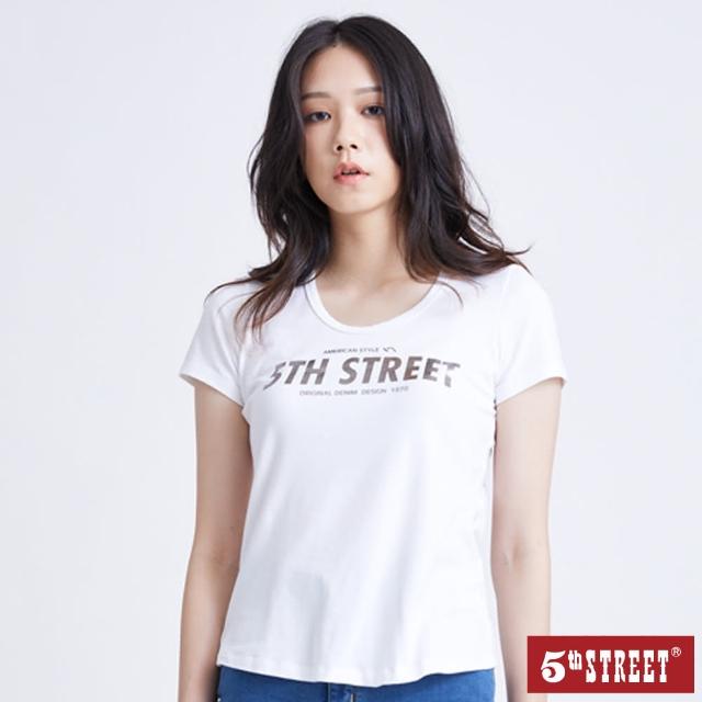 【5th STREET】女燙金粗體LOGO短袖T恤-白色