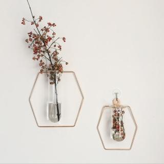 【JEN】鐵藝幾何壁掛試管玻璃花瓶高18cm一入(六邊形)