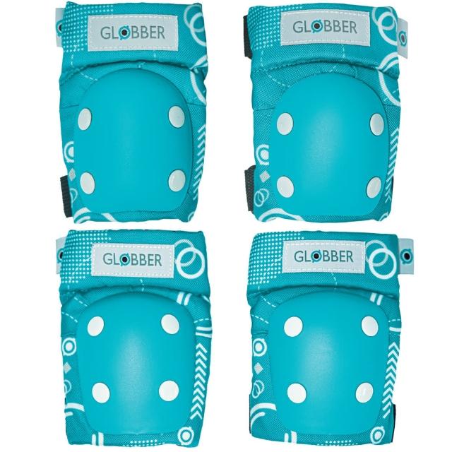 【GLOBBER 哥輪步】法國 EVO 兒童護具組-幾何藍綠(含護肘與護膝 護具、防護、防摔)