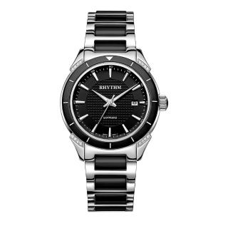 【RHYTHM 麗聲】經典城市品味日期顯示陶瓷腕錶(黑/半陶瓷錶帶)