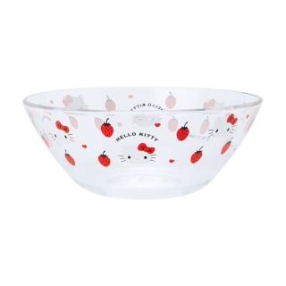 【小禮堂】HELLO KITTY 日本製 玻璃沙拉碗 透明水果碗 平底碗 麥片碗 點心碗 《紅 2021新生活》 凱蒂貓