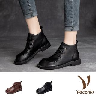 【Vecchio】真皮短靴/全真皮頭層牛皮復古舒適大頭拼接造型短靴(2色任選)