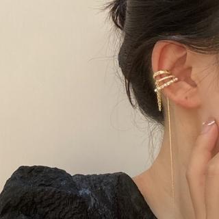 【Oni 歐妮】迷戀 珍珠水鑽多層次流蘇 不對稱耳骨夾式耳環無耳洞耳扣(1個入)