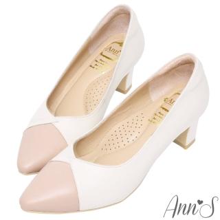 【Ann’S】此生最好穿-V口雙色小香拼接小羊皮備受呵護跟鞋6cm-版型偏大(粉米白)