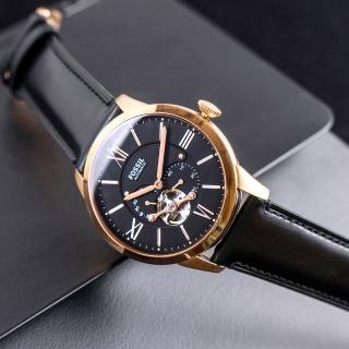【FOSSIL】公司貨 Townsman 復古型男鏤空機械皮革腕錶/黑x金框 男錶(ME3170)