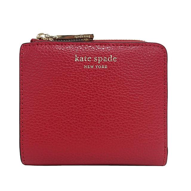 【KATE SPADE】Kate Spade EVA 金字牛皮雙折拉鍊零錢包短夾(紅)