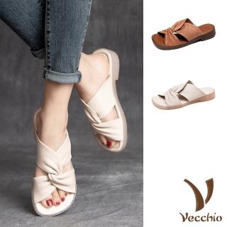 【Vecchio】真皮拖鞋/全真皮頭層牛皮氣質扭結造型舒適寬楦拖鞋(2色任選)