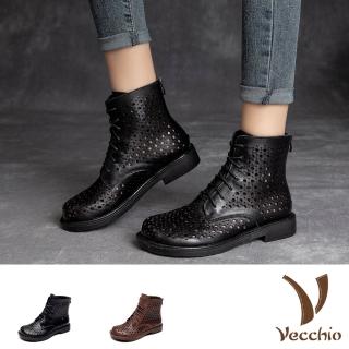 【Vecchio】真皮馬丁靴 低跟馬丁靴/全真皮頭層牛皮幾何縷空沖孔寬楦舒適低跟馬丁靴(2色任選)
