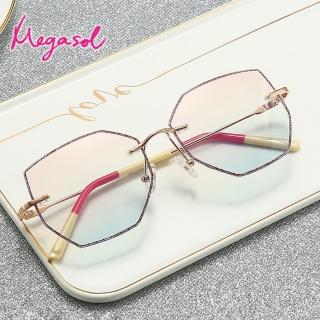 【MEGASOL】UV400抗UV濾藍光眼鏡時尚女仕大框手機眼鏡(水晶亮片多邊形切割框GD-1508-多色選)