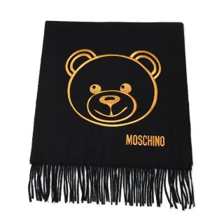 【MOSCHINO】泰迪熊臉純羊毛寬版流蘇圍巾(016 黑色)