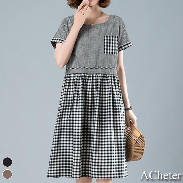 【ACheter】日式大小格拼接寬鬆棉麻洋裝#109964現貨+預購(2色)