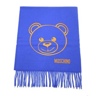 【MOSCHINO】泰迪熊臉純羊毛寬版流蘇圍巾(012 寶藍)