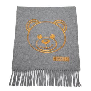 【MOSCHINO】泰迪熊臉純羊毛寬版流蘇圍巾(014 灰色)