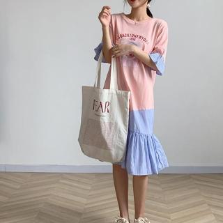 【BBHONEY】休閒洋裝荷葉拼接女孩印花連衣裙(網美必備款)