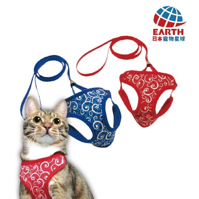 【EARTH PET 日本寵物星球】日本專利好穿脫胸背拉繩組-復古唐草系列(外出好方便貓胸背拉繩/貓鈴鐺/寵物帶)