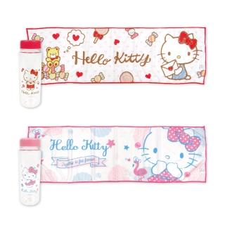 【SANRIO 三麗鷗】Hello Kitty涼感巾&水瓶組-海洋/糖果(水瓶500ml 涼感巾30x100cm)
