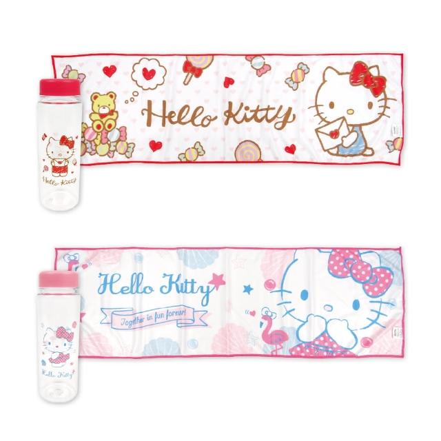 【SANRIO 三麗鷗】Hello Kitty涼感巾&水瓶組-海洋/糖果(水瓶500ml 涼感巾30x100cm)