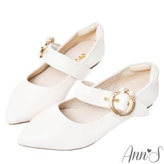 【Ann’S】奶油甜心-訂製珍珠圓扣瑪莉珍全真皮平底鞋(米白)