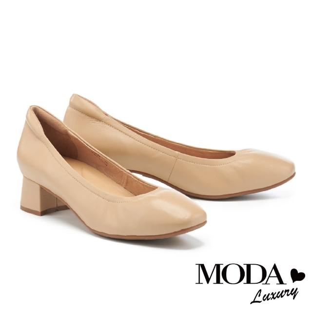 【MODA Luxury】極簡全真皮方頭粗高跟鞋(米)