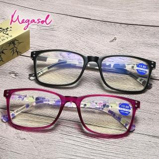 【MEGASOL】抗UV400濾藍光時尚男女仕中性老花眼鏡大框手機眼鏡(米釘印花矩方框-828)