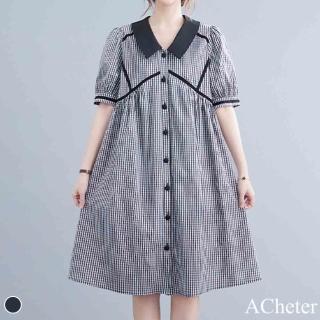 【ACheter】荷蘭風時尚拚色細格棉麻寬鬆洋裝#110042現貨+預購(格子)