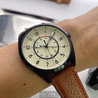 【Tommy Hilfiger】湯米希爾費格男錶型號TH00033(米黃色錶面黑錶殼咖啡色真皮皮革錶帶款)