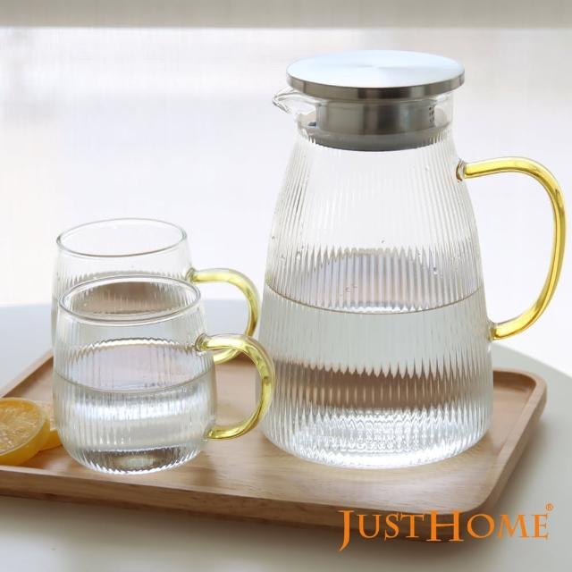 【Just Home】Just Home清透感線條耐熱玻璃一壺2杯組 茶壺+馬克杯(玻璃杯、耐熱玻璃)