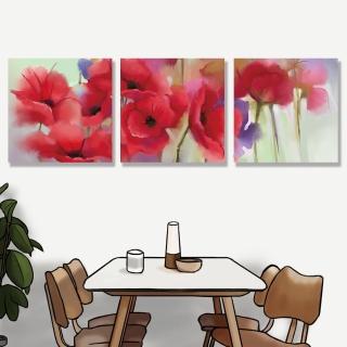 【24mama 掛畫】三聯式 油畫布 紅色 柔和 美麗花卉 春天 藝術 無框畫-40x40cm(紅罌粟花)