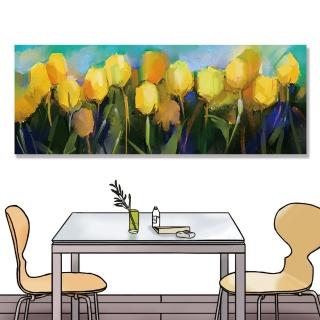 【24mama 掛畫】單聯式 油畫布 黃色 美麗花卉 充滿活力 藝術 春天 花田 藍天 無框畫-80x30cm(鬱金香花)