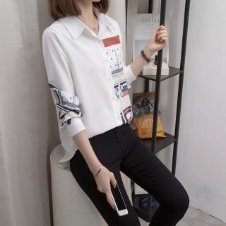 【KVOLL】現貨-玩美衣櫃時尚白色單品帥氣印花排釦襯衫L-4XL