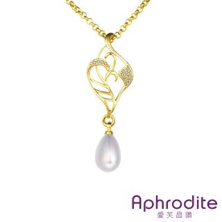 【Aphrodite 愛芙晶鑽】抽象花葉線條華麗美鑽造型珍珠項鍊(黃金色)