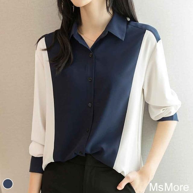 【MsMore】高端焦點氣質撞色長袖雪紡襯衫#110136現貨+預購(藍色)