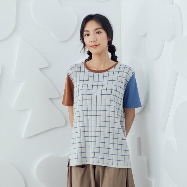 【MOSS CLUB】格紋雙色-女短袖針織衫 格紋 藍 白 米(三色/魅力商品/版型合身)