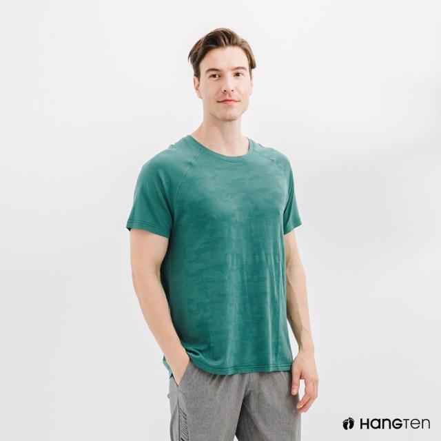 【Hang Ten】男裝-恆溫多功能-銀纖維無縫涼感抗菌除臭迷彩短袖T恤-灰綠