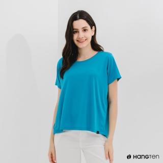 【Hang Ten】女裝-恆溫多功能-環保寶特瓶回收紗HEIQ吸濕感溫後開衩印花短袖T恤-藍