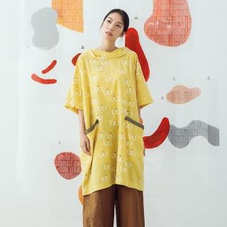 【MOSS CLUB】海鷗印花繭型-女短袖洋裝 印花 藍 桔 黃(三色/版型寬鬆)